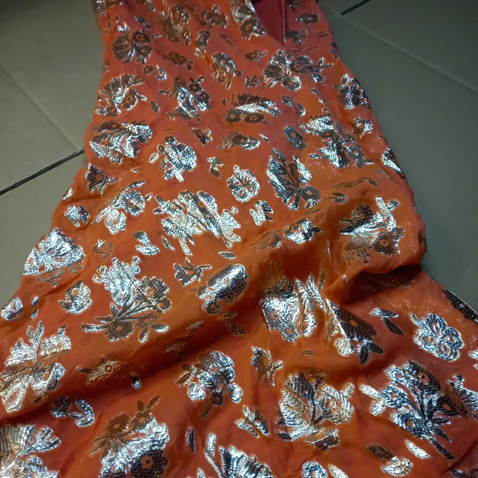 RIXO BURNT ORANGE/GOLD DETAILED OFF SHOULDER MIDI DRESS - SIZE 16