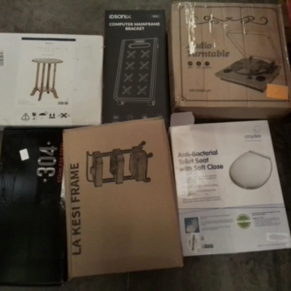 PALLET OF ASSORTED ITEMS INCLUDING COMPUTER MAINFRAME BRACKET, AUDIO TURNTABLE, TOILET SEAT, 3 TIER TROLLEY, STAINLESS STEEL FAUCET, ROUND SIDE TABLE