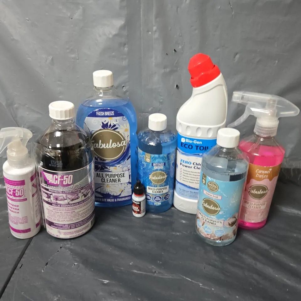 APPROXIMATELY 14 ASSORTED LIQUIDS TO INCLUDE ACF-50, FABULOSA ALL PURPOSE CLEANER, BIO-GEN ECO TOILET, ETC - COLLECTION ONLY