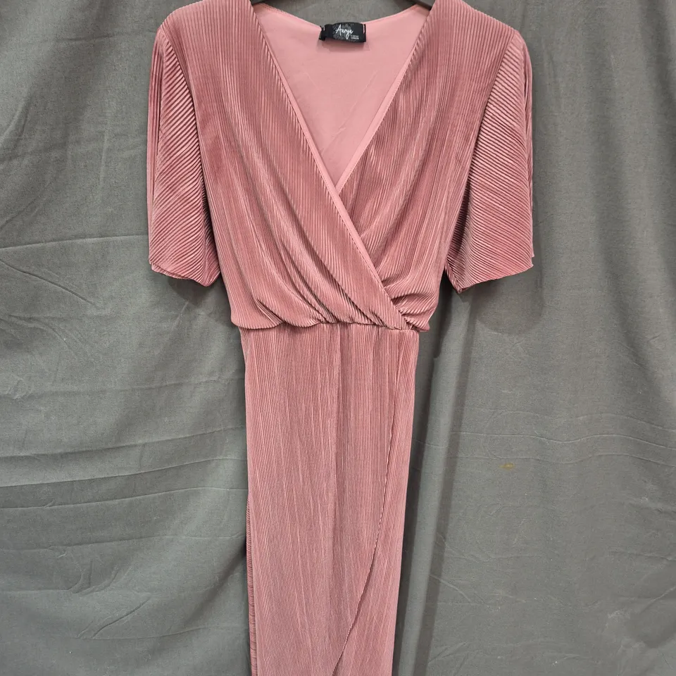 PINK PLEATED WRAP DRESS, SHORT SLEEVES – V-NECK, LONG LENGTH - SIZE UNSPECIFIED
