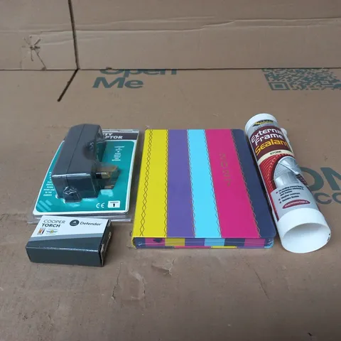 TOTE OF APPROXIMATELY 15 ASSORTED ITEMS TO INCLUDE 2027 DIARY, SEALANT, SAFETY RCD ADAPTER ETC