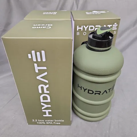 BOXED HYDRATE BOTTLES X3 2.2L PLASTIC WATER BOTTLE IN CAMO GREEN