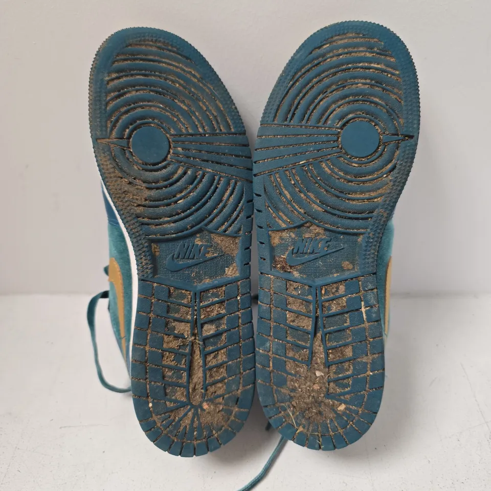 NIKE AIR JORDAN LOW-TOP SNEAKERS, TEAL/BLUE WITH GOLD SWOOSH - UK 5.5