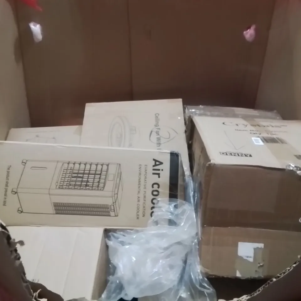PALLET OF ASSORTED HOUSEHOLD GOODS AND PRODUCTS TO INCLUDE;AIR COOLER,TRASH CAN,BACK BRACE