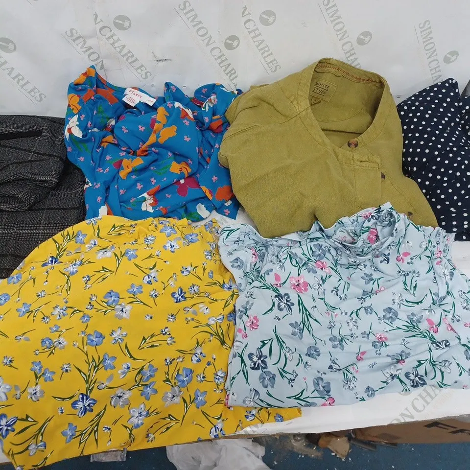 LARGE BOX OF ASSORTED CLOTHING ITEMS TOO INCLUDE TOPS , DRESSES AND TROUSERS COMING IN DIFFERENT COLOURS AND SIZES 