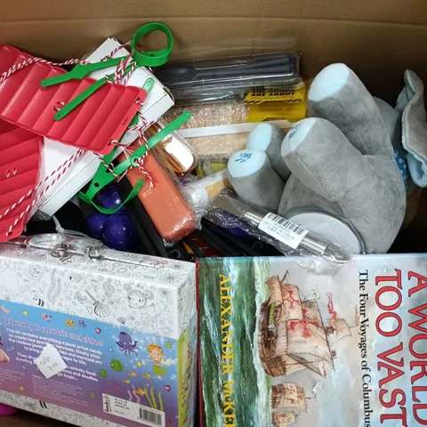 APPROXIMATELY 20 ASSORTED ITEMS TO INCLUDE PLASTIC CUTLERY, SPARKLY ART ACTIVITY CASE, ELEPHANT TOY, ETC - COLLECTION ONLY