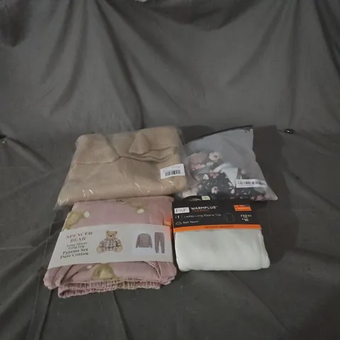 BOX OF APPROXIMATELY 25 ASSORTED CLOTHING ITEMS TO INCLUDE LADIES THERMAL TOP, PYJAMA SET, FLOWER PRINT TOP, STONE KNITTED JUMPER ETC