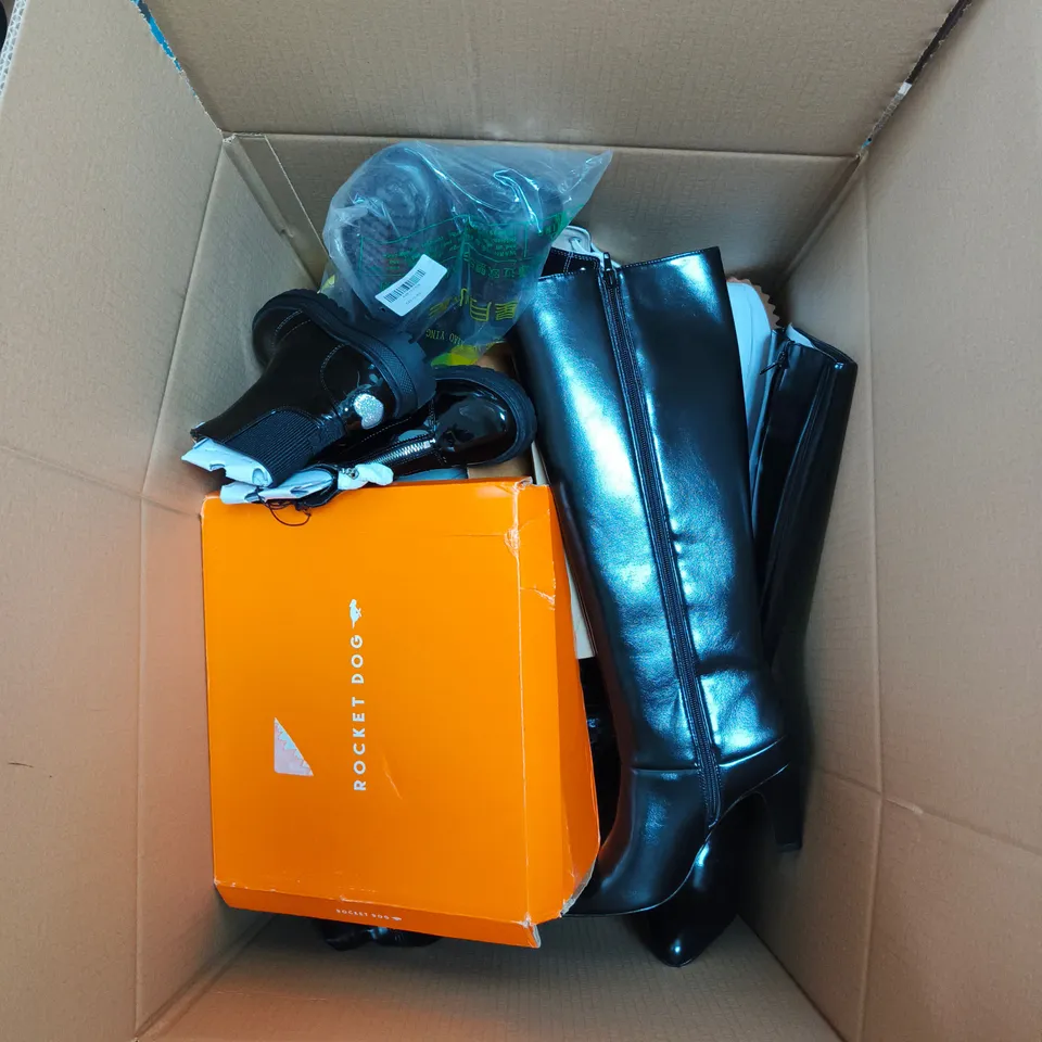 BOX OF APPROXIMATELY 20-25 PAIRS OF SHOES INCLUDING, ANIMAL PRINT SLIP ONS,RIVER ISLAND HEELS AND WHITE BLOCK HEELS