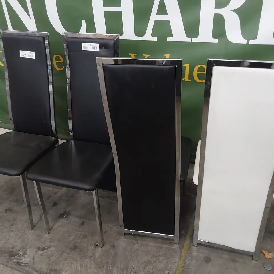 FOUR DESIGNER UPHOLSTERED DINING CHAIRS WITH CHROME FRAMES ( 3 × BLACK & 1 WHITE PU)