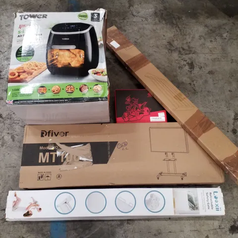 PALLET OF ASSORTED PRODUCTS INCLUDING RETRACTABLE SAFETY GATE, MOBILE TV STAND, 5-IN-1 AIR FRYER OVEN, REAR FOOTBRAKE, FOLDABLE DRYING RACK
