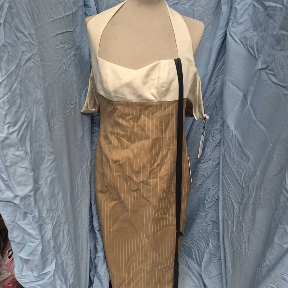 ODDMUSE COTTON MIX PNSTRIPE MIDI DRESS IN CAMEL - SMALL