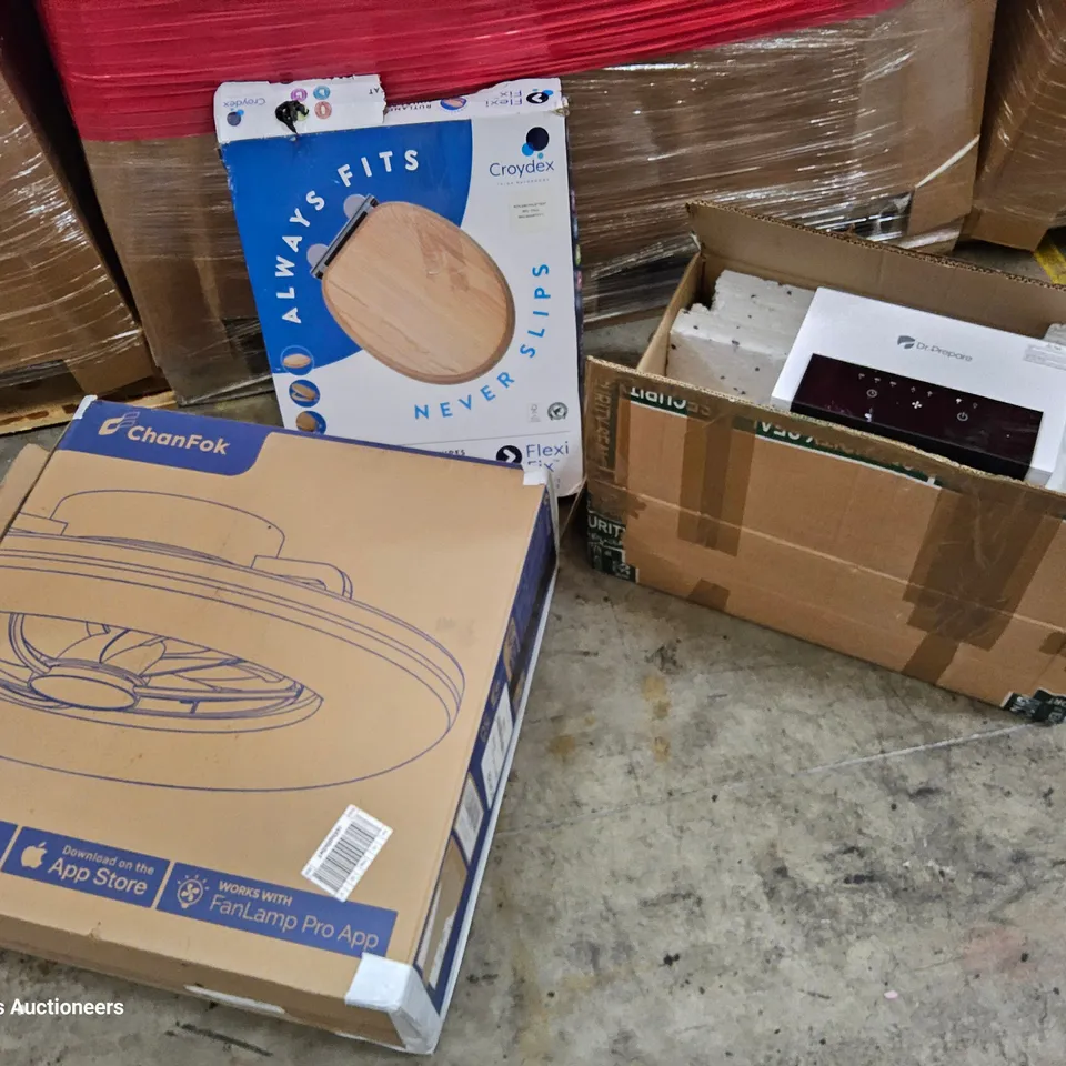 PALLET OF ASSORTED ITEMS TO INCLUDE, DRY WALLSANDER, CEILING FAN, DEHUMIDIFIER, TOILET SEATS, FESTIVAL CART.