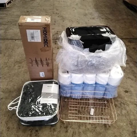 A PALLET OF VARIOUS ITEMS TO INCLUDE. HOMIDEC, LARGE ASSORTMENT OF TOILET ROLLS, AIR FYER, HEATED BLANKET AND DISH RACK