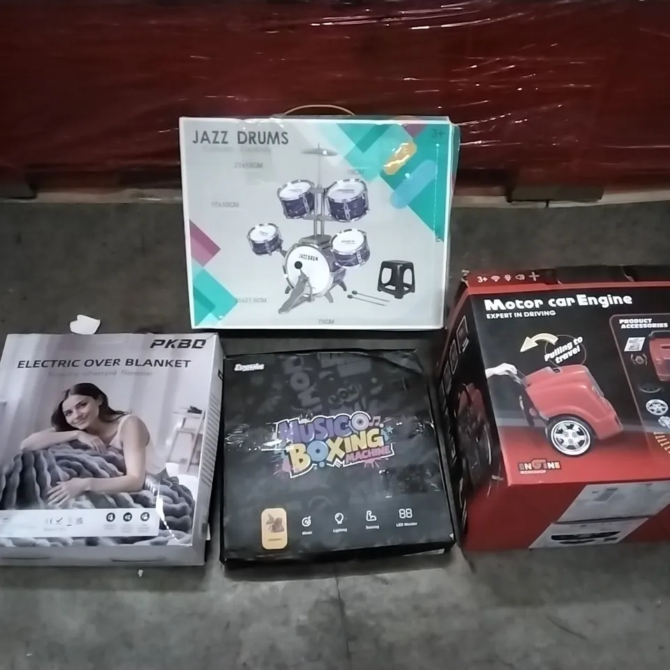 PALLET OF HOUSEHOLD ITEMS TO INCLUDE JAZZ DRUMS, ELECTRIC BLANKET, MUSIC BOXING MACHINE, TOY MOTOR CAR ENGINE AND OTHER ASSORTED ITEMS...