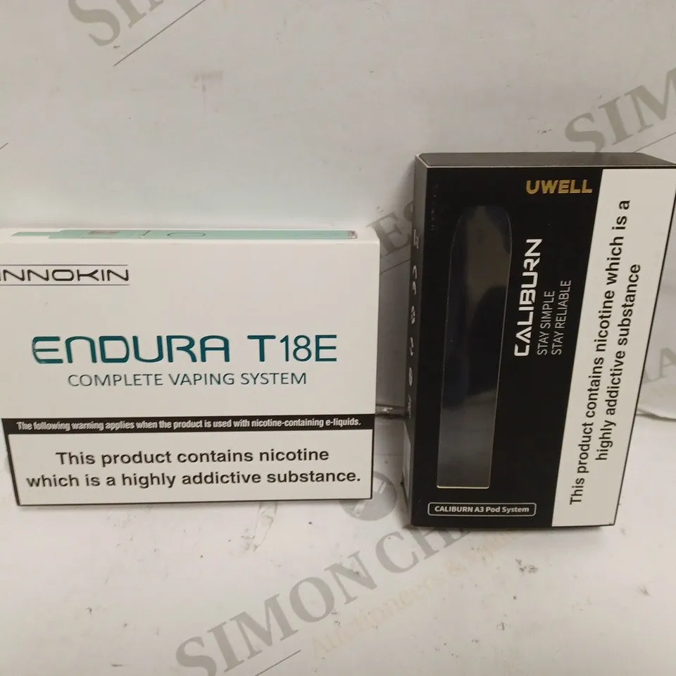BOX OF ASSORTED HEALTH AND ELECTRONIC PRODUCTS INCLUDING: 15 UWELL CALIBURN AND 12 INNOKIN ENDURA T18E VAPES