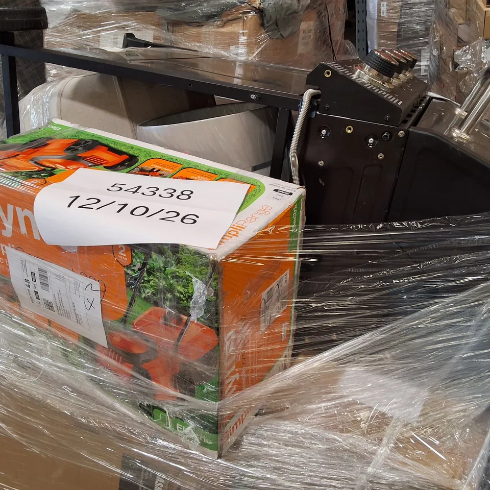 PALLET CONTAINING ASSORTED GARDEN PRODUCTS INCLUDING FURNITURE SETS, FLYMO ELECTRIC LAWN MOWER & UNIFLAME BBQ GRILL