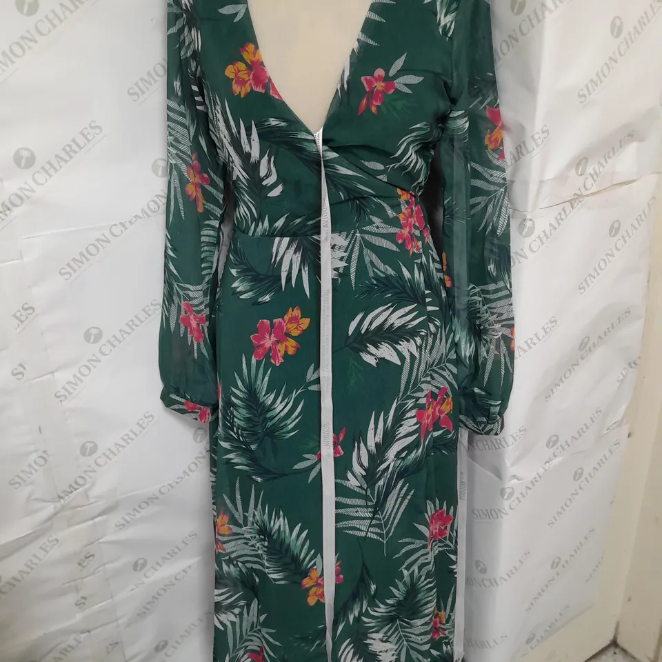 CITY GODDESS CHIFFON WRAP V NECK MIDI DRESS IN GREEN FLORAL SIZE 8