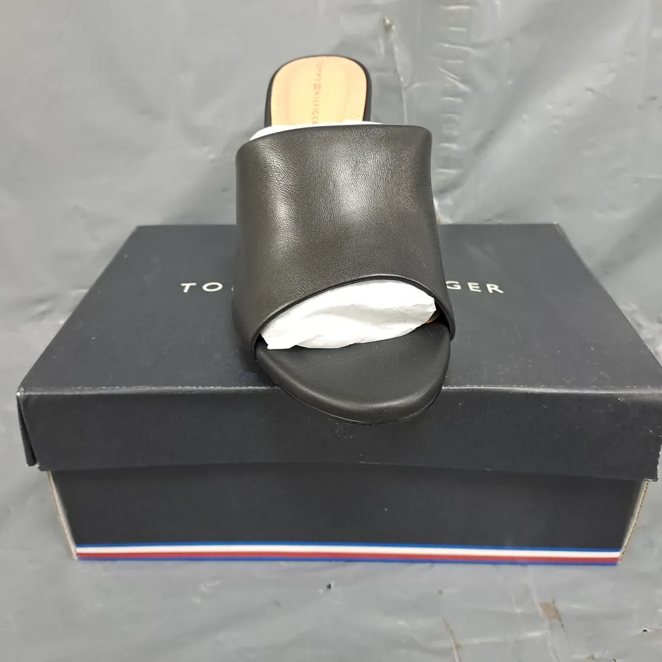 BOXED PAIR OF TOMMY HILFIGER LEATHER WEDGE MULES IN BLACK SIZE EU 38