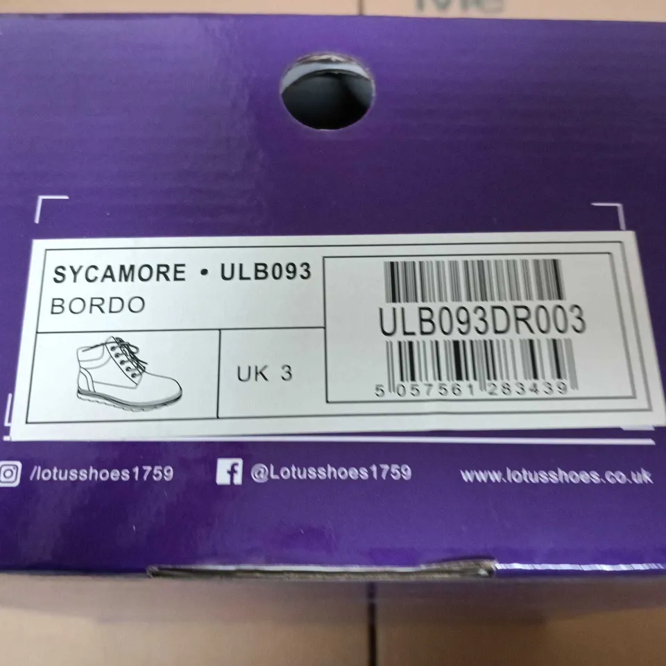 BOXED PAIR OF LOTUS SYCAMORE BORDO BOOTS – UK 3, BURGUNDY SUEDE