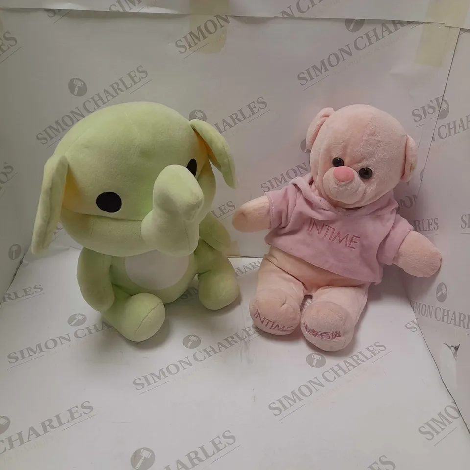 TWO ASSORTED BRAND NEW SOFT TOYS TO INCLUDE; GREEN ELEPHANT TEDDY AND INTIME PINK BEAR