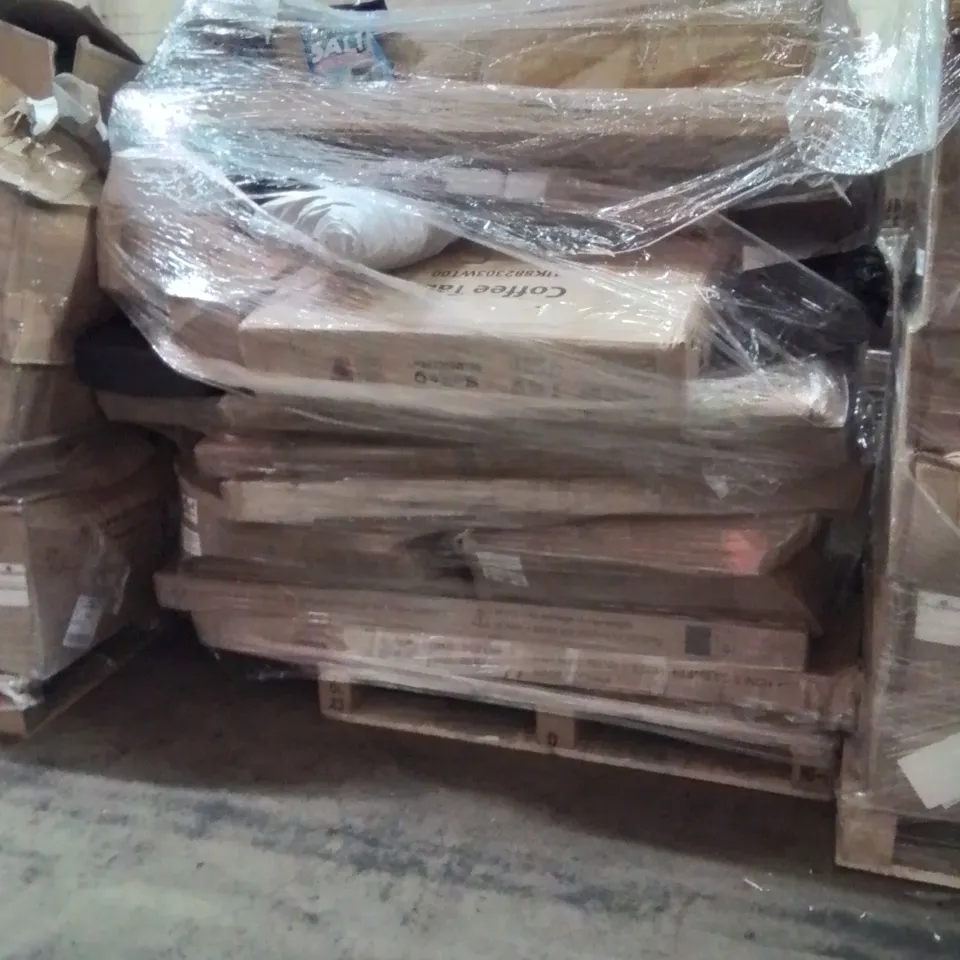 PALLET OF ASSORTED HOUSEHOLD GOODS AND PRODUCTS TO INCLUDE; COFFEE TABLE,DISHWASHER SALT,KIDS COAT