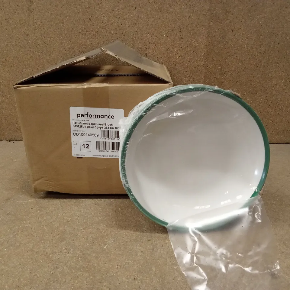 BOX OF APPROXIMATELY 12 x F&B GREEN BAND, HAND BRUSH BOWLS 25.5cm