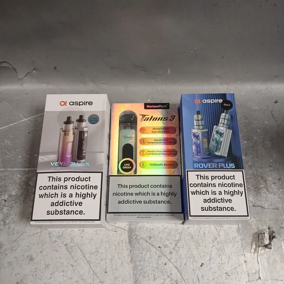 APPROXIMATELY 25 ASSORTED VAPE & E-CIGARETTE PRODUCTS TO INCLUDE ASPIRE ROVER PLUS, HORIZON TECH TALONS 3, ETC