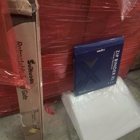 PALLET OF ASSORTED HOUSEHOLD GOODS AND PRODUCTS TO INCLUDE;RETRACTABLE SAFETY GATE,CUSHION,FILING CASE
