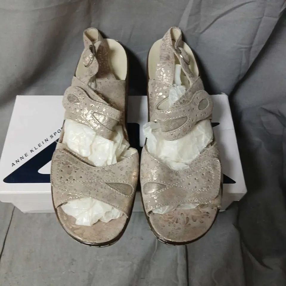 ANNE KLEIN SPORT WOMEN’S BEIGE METALLIC SANDALS – STRAPPY WEDGE WITH BUCKLE