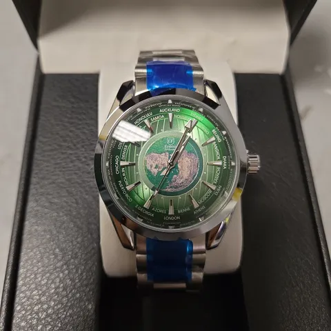 BOXED ERNEST FERDINAND MENS GREEN DIAL SILVER STRAP WATCH