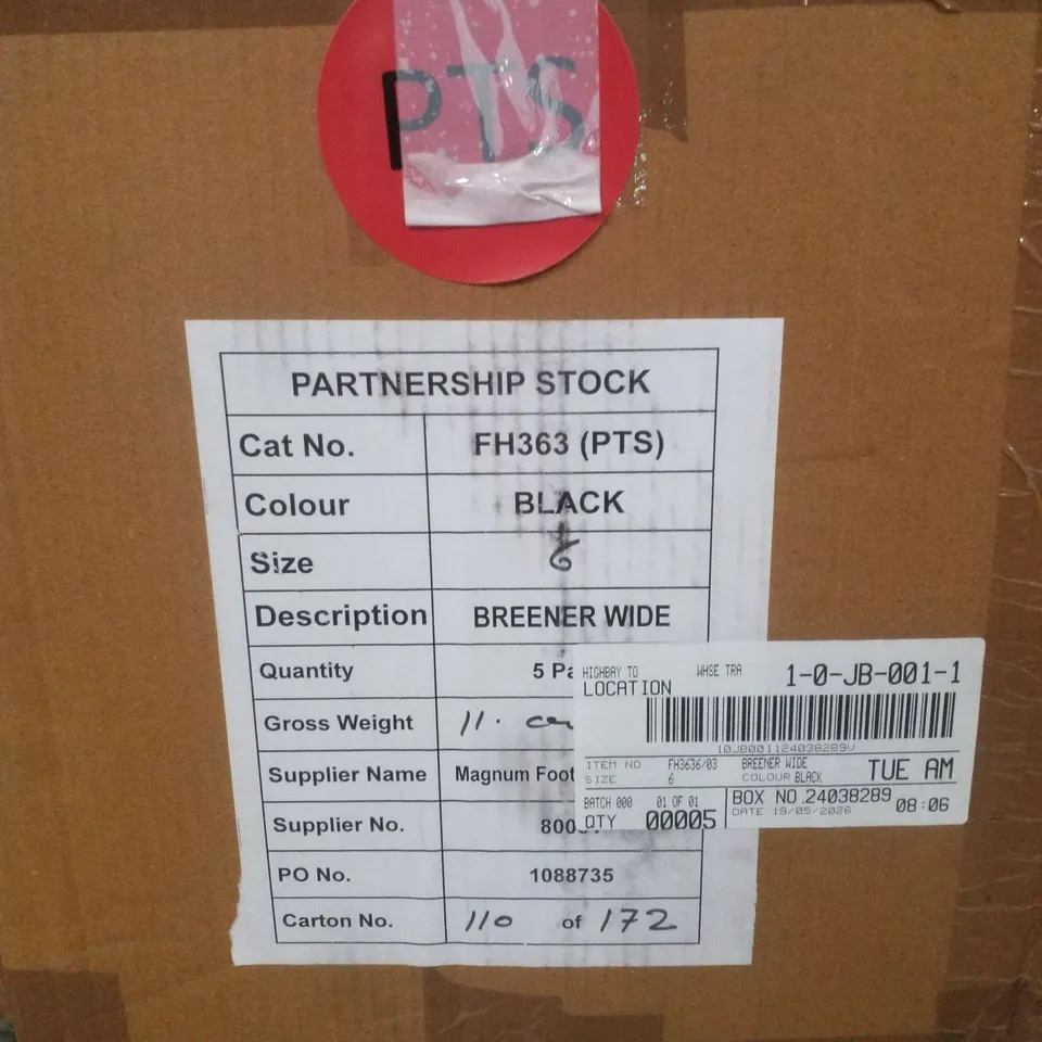 BOX CONTAINING APPROXIMATELY 5 PAIRS OF BRAND NEW SIMPLY BE BLACK BREENER WIDE LEATHER BOOTS - SIZE 6