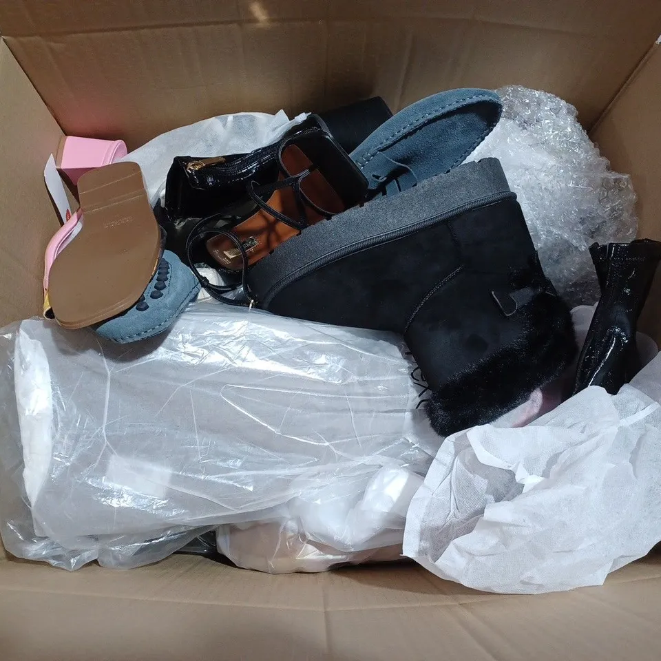 BOX OF APPROXIMATELY 20 ASSORTED SHOES TO INCLUDE -CIDER PLATFORM HEELS - FASHION SLIP ONS - PRIMARK HEELS ECT