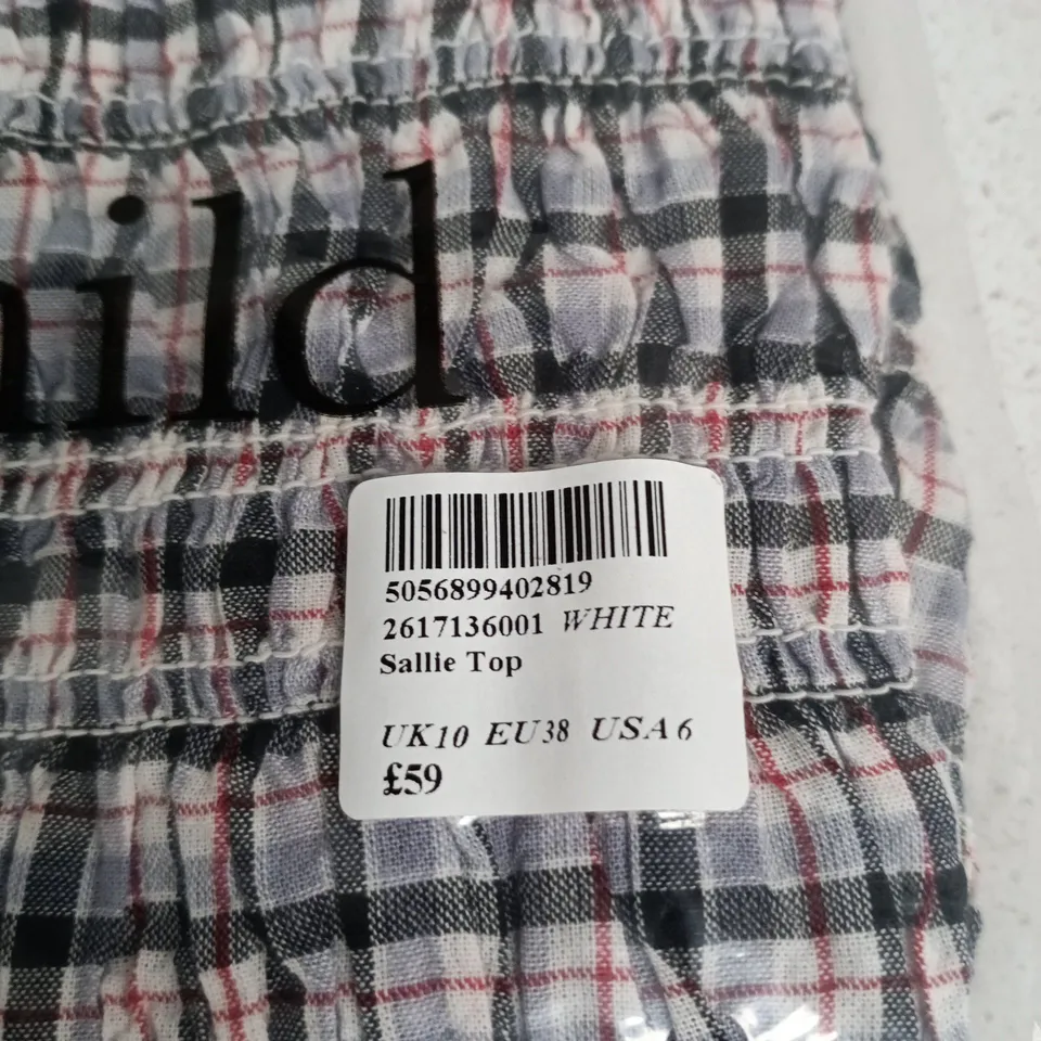 NOBODY'S CHILD SALLIE TOP – WHITE CHECKERED PATTERN, UK 10 (EU 38, USA 6)