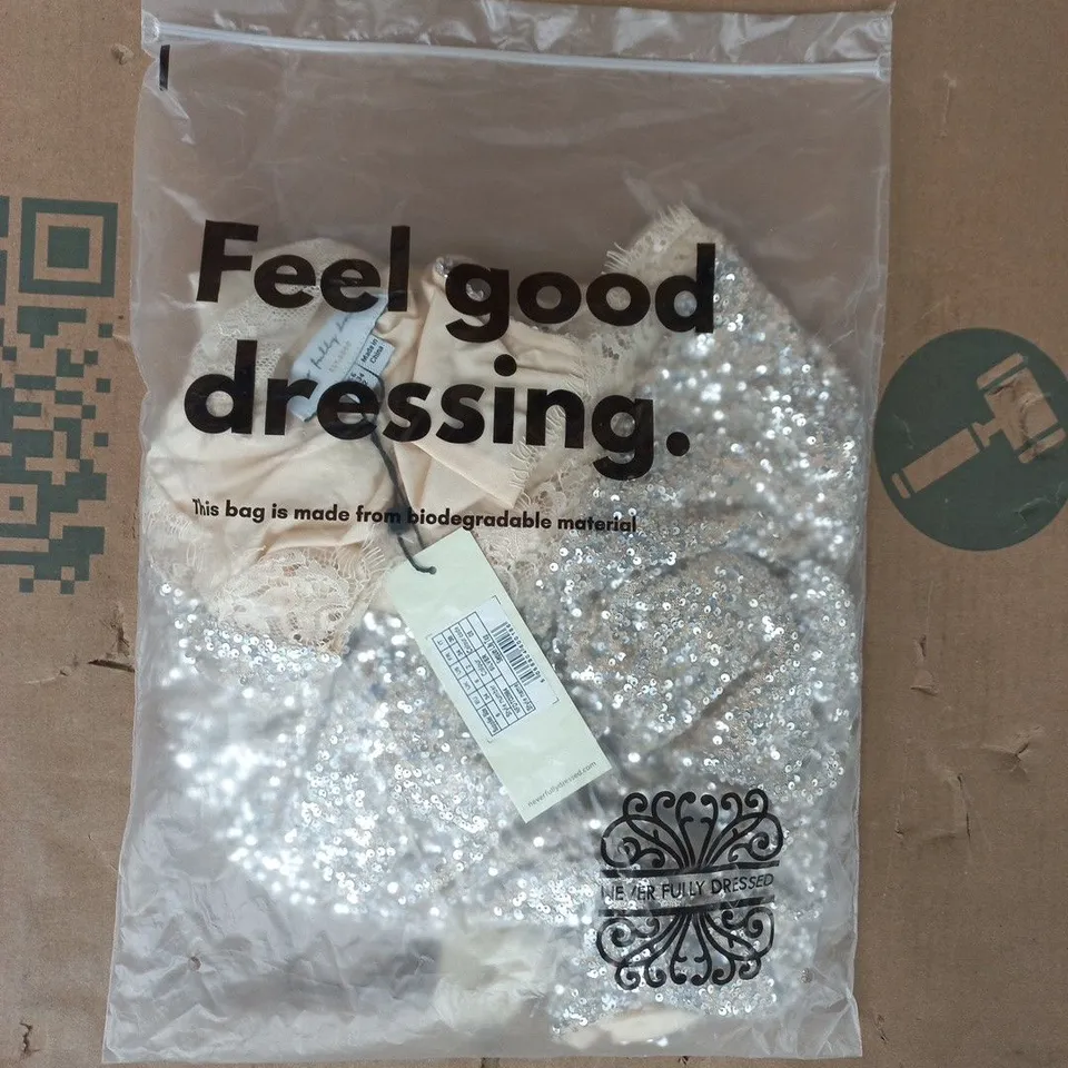 BAGGED NEVER FULLY DRESSED SEQUIN LILY TOP IN SILVER SIZE UK 6