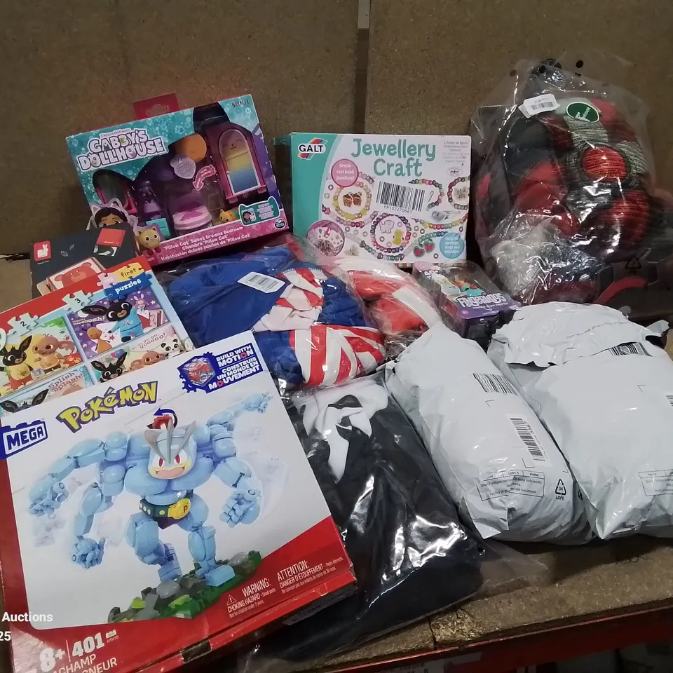 BOX CONTAINING APPROXIMATELY 10 TOYS AND OTHER ITEMS TO INCLUDE: POKEMON FIGURE, BING PUZZLES, JEWELLERY CRAFT SET, GABBY DOLLHOUSE SET ETC.