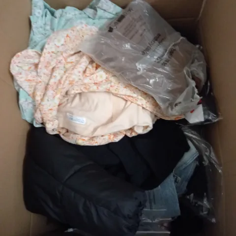 BOX OF ASSORTED CLOTHING ITEMS TOO INCLUDE JUMPERS, SHIRTS AND TROUSERS IN VARIOUS SIZES AND COLOURS