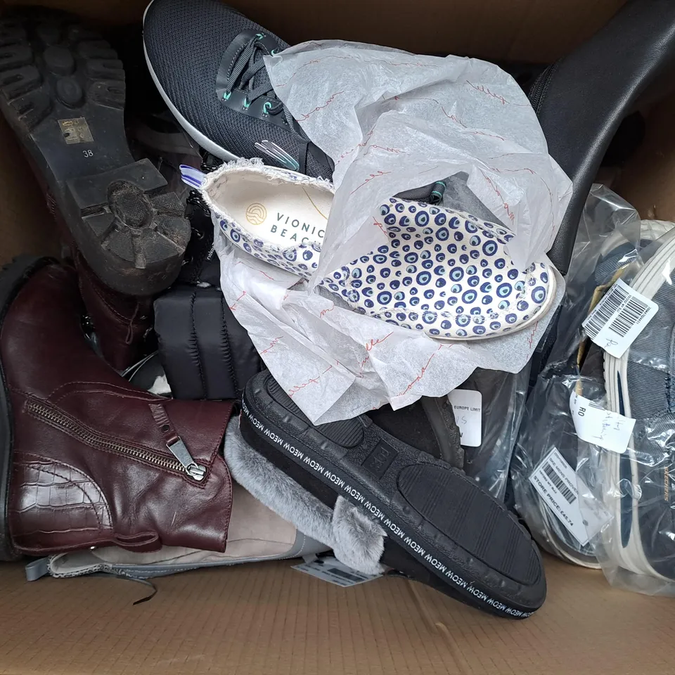 BOX OF APPROXIMATELY 8 ASSORTED PAIRS OF SHOES IN VARIOUS STYLES AND SIZES TO INCLUE TRAINERS , SLIPPERS , BOOTS ETC