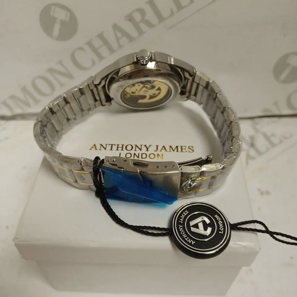 BOXED ANTHONY JAMES WATCH - TWO TONE STAINLESS STEEL - AUTOMATIC - SKELETON FACE - WATER RESISTANT. 