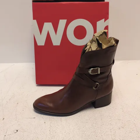 UK 4 WONDERS BROWN LEATHER ANKLE BOOTS WITH SIDE ZIP & BUCKLE – WOMEN'S SHOES