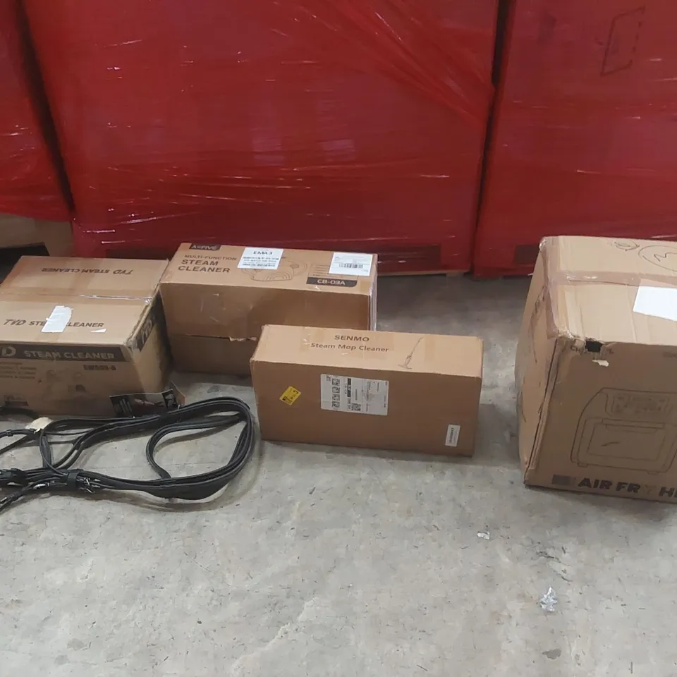 PALLET CONTAINING A LARGE QUANTITY OF ASSORTED ITEMS INCLUDING: AIR FRYER, STEAM MOP CLEANER, STEAM CLEANERS, ITALIAN LEATHER HORSE BRIDLE ECT