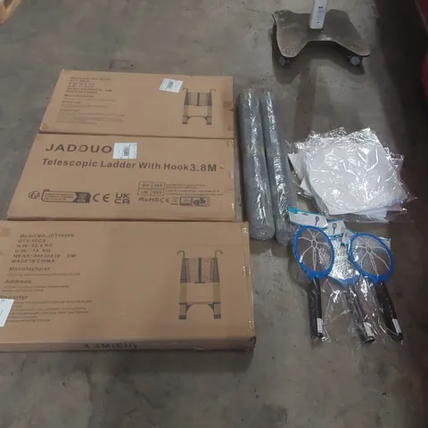 PALLET OF ASSORTED ITEMS INCLUDING: TELESCOPIC LADDERS, RUGS, BEE KEEPER SUITS, ELECTRIC BUG SWATTERS ECT
