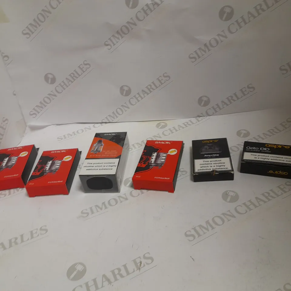 LOT OF APPROXIMATELY 10 E-CIGARETTE RELATED ITEMS TO INCLUDE SMOK V12 PRINCE X6, SMOK V12 PRINCE MAX MESH, AND SMOK SPIRALS TANK ETC. 