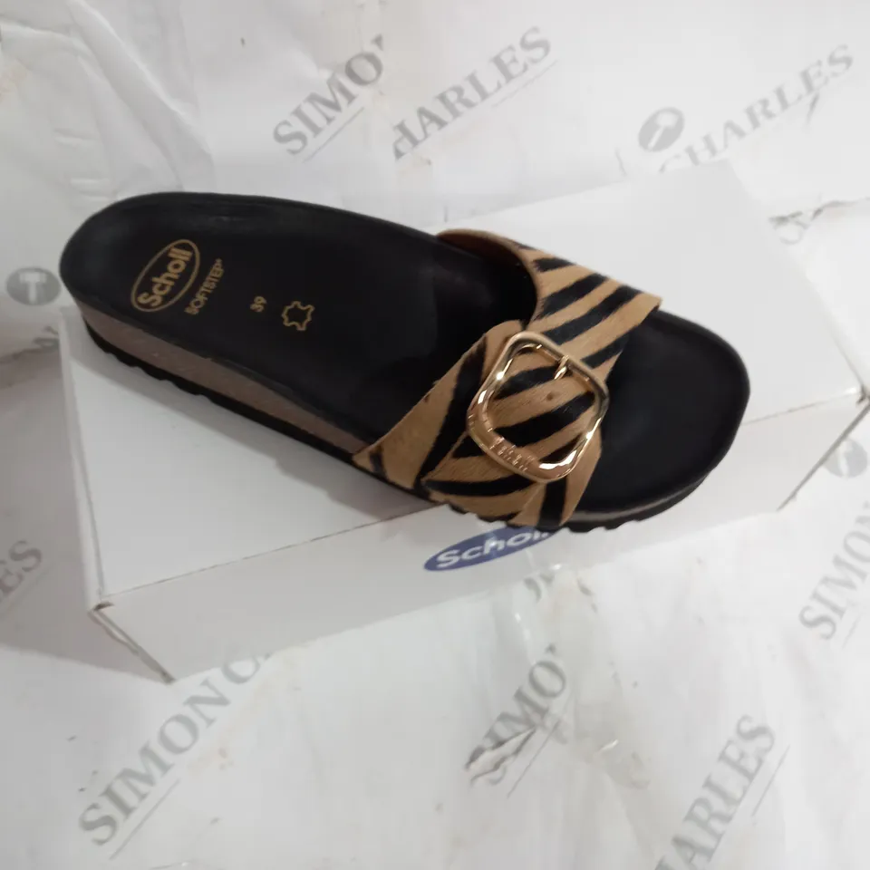 BOXED PAIR OF SCHOLL SANDALS LEATHER SOLE FURY STRIPED STRAP IN BROWN SIZE 6