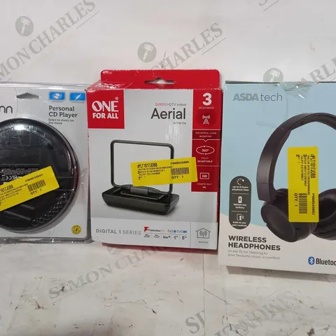 BOX OF APPROXIMATELY 10 ASSORTED ELECTRICAL ITEMS TO INCLUDE ASDA TECH WIRELESS HEADPHONES, ONE FOR ALL HDTV INDOOR AERIAL, ONN PERSONAL CD PLAYER, ETC