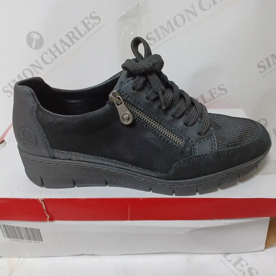 BOXED PAIR OF RIEKER WEDGE TRAINERS WITH SIDE ZIPS - BLACK - SIZE 6