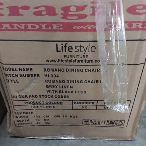 BOXED ROMANO DINING CHAIR IN GREY LINEN - SET OF 2 (1 BOX, MISSING LEGS, NO LEGS PRESENT)