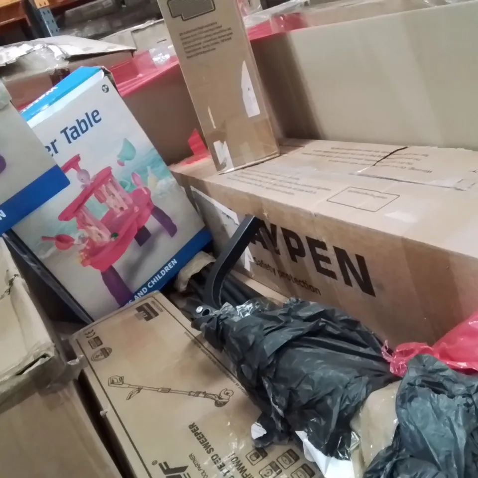 PALLET CONTAINING VARIOUS ASSORTED BOXED HOUSEHOLD ITEMS TO INCLUDE: TOWEL WARMER, CHAIR MAT, CORDLESS WEED SWEEPER, WATER TABLES, AND LOTS MORE UNMARKED BOXED ITEMS 