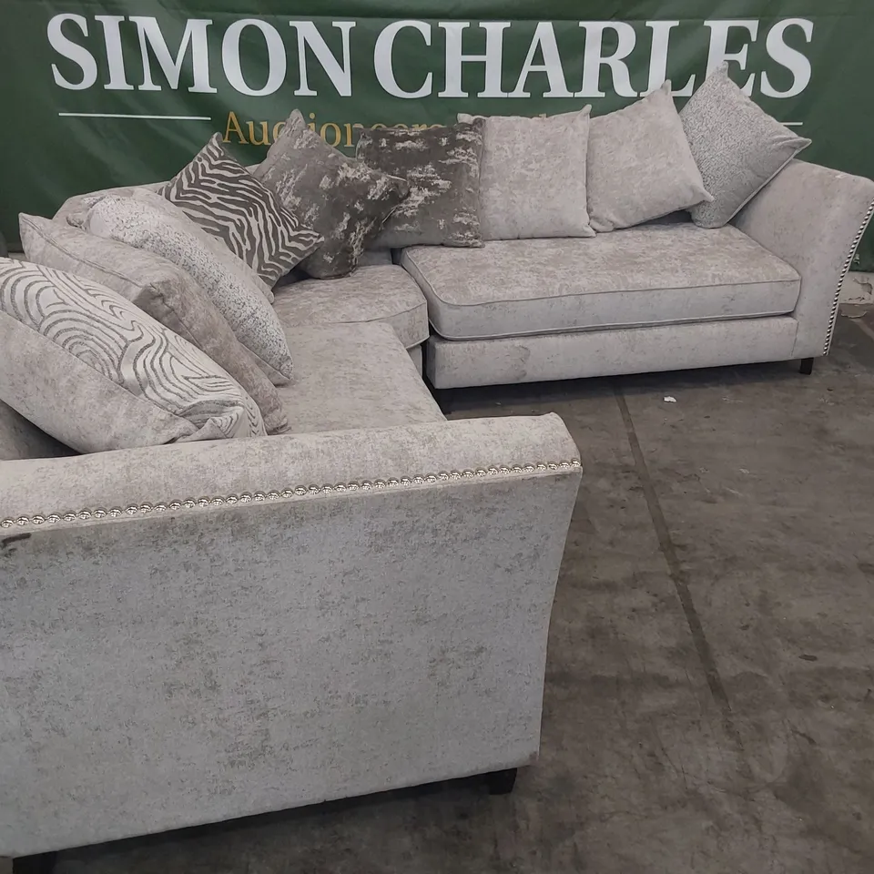 DESIGNER CORNER GROUP SILVER FABRIC WITH SCATTER CUSHIONS & STUDDED DETAIL