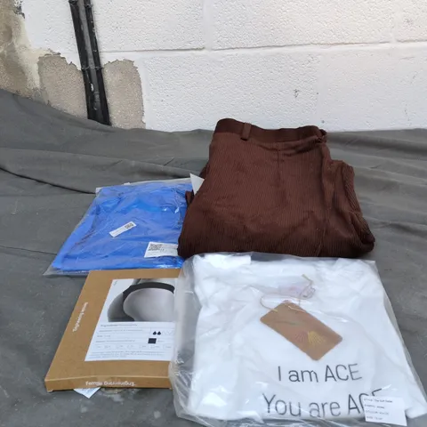 BOX OF APPROXIMATELY 22 ASSORTED CLOTHING ITEMS TO INCLUDE CORDUROY TROUSERS, "I AM ACE" T SHIRT, PERIOD PANTY PACK ETC