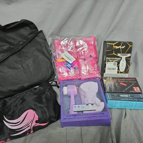 APPROXIMATELY 10 ASSORTED HEALTH & BEAUTY PRODUCTS TO INCLUDE HAIR EXTENSIONS/WIGS, ELECTRIC FACE MASSAGER, HEATED EYELASH CURLER, ETC